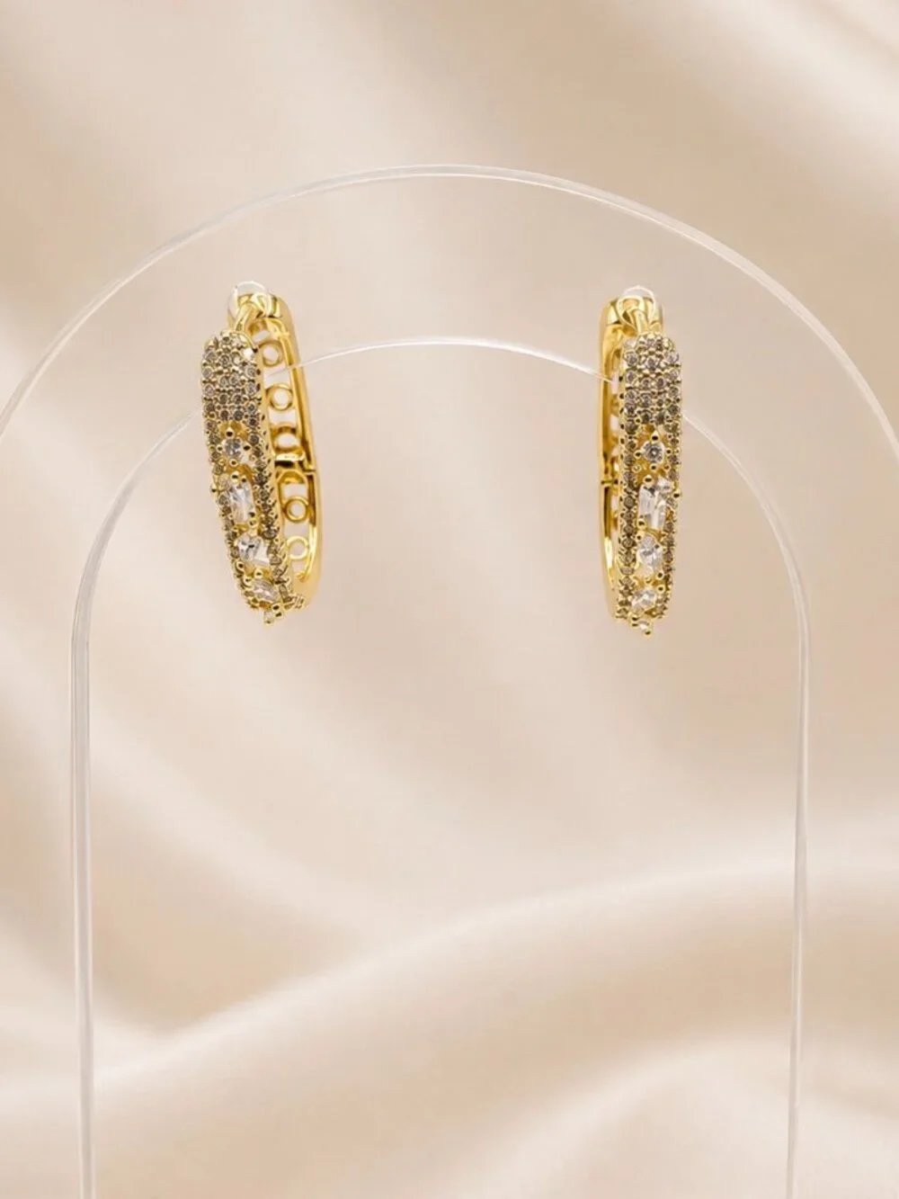 Pave Oval Huggie Hoop Earrings-14K Gold Plated -CZ Statement Earrings- Brand New